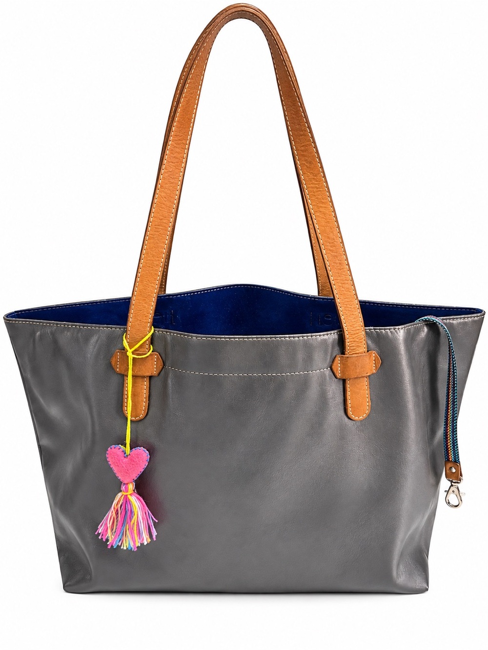 Consuela Gray Leather Tote with Tan Handles and Pink Heart Tassel